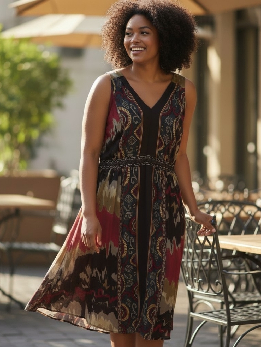 Reba Sleeveless V-Neck Maxi Dress in Red Brown Cream Accents Size 20W